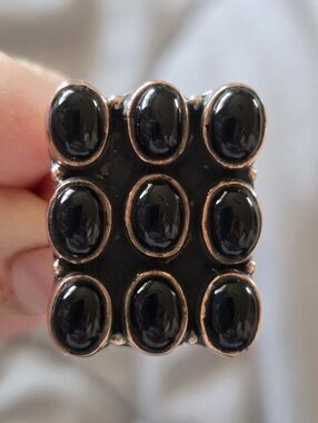 Black Onyx Square Grid Pattern Ring In Copper,  Southwestern